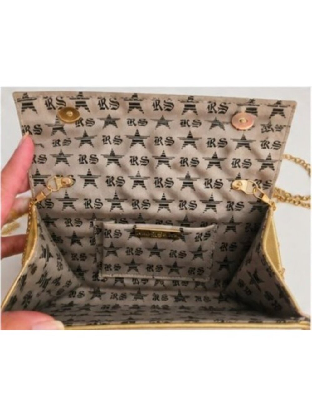 RS Gold Studded Clutch Crossbody Bag Metallic Evening Purse Chain Strap Wallet - Picture 5 of 9